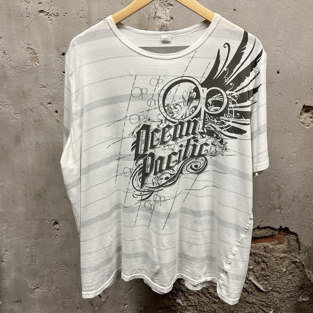 OP Ocean Pacific White Striped Grunge Graphic Short Sleeve Casual T-Shirt Y2K